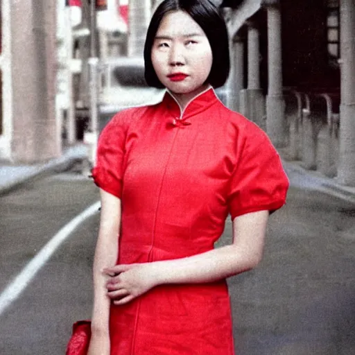 Image similar to a colored photorealistic photo of a chinese canadian girl elisa lam wearing a everyday dress that is red at the cecil hotel in los angeles