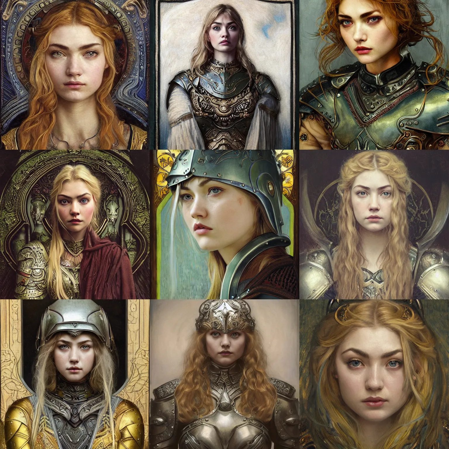 Prompt: masterpiece head-on symmetrical centered portrait, Imogen Poots and Elisha Cuthbert as a Warcraft paladin, Elden Ring style, wearing steel plate armour over chest, blonde hair, masterpiece art nouveau background, elegant, Pre raphaelite art style, in the style of Edgar Maxence and Ross Tran and Zdzisław Beksiński and Gustave Doré and H.R. Giger and Mucha, specular highlights, 8k, octane render