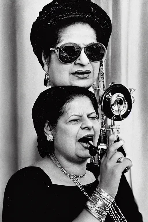 Prompt: Photograph of Umm Kulthum wearing sunglasses and singing in the shower by Annie Leibovitz