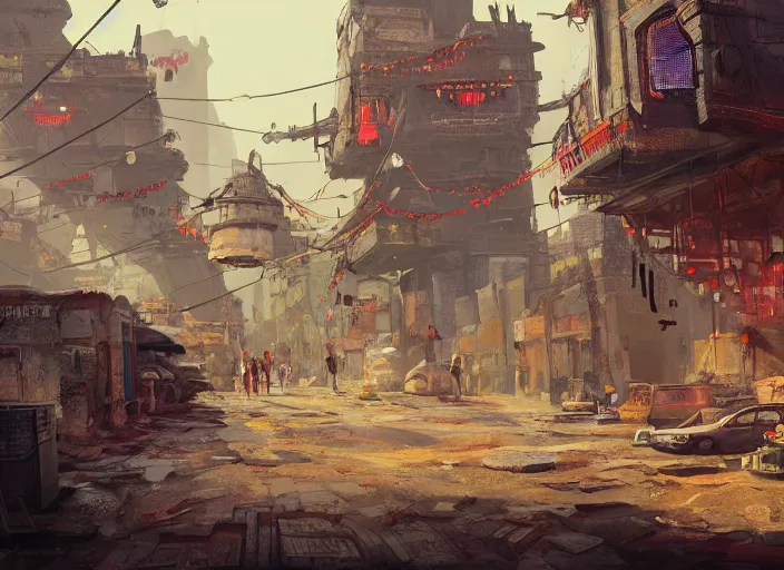 Prompt: painting of of a post apocalyptic futuristic small mexican town cobbled kiosko central town square, studio ghibly and pixar, blade runner 2 0 4 9, san miguel de allende, hanging dia de muertos paper decorations, futuristic colonial city architecture, concept art by atey ghailan, artstation contest winner, concept art, artstation hq, 2 d game art