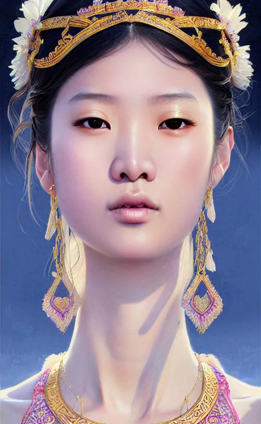 Image similar to a beautiful young charming asian goddess with sundress + jewelry + shinny eyes | | winter, symmetric, realistic shaded, unpleasant face, good looking, fine details, dior, lv, realistic shaded lighting poster by greg rutkowski, macoto takahashi, magali villeneuve, artgerm, jeremy lipkin and michael garmash