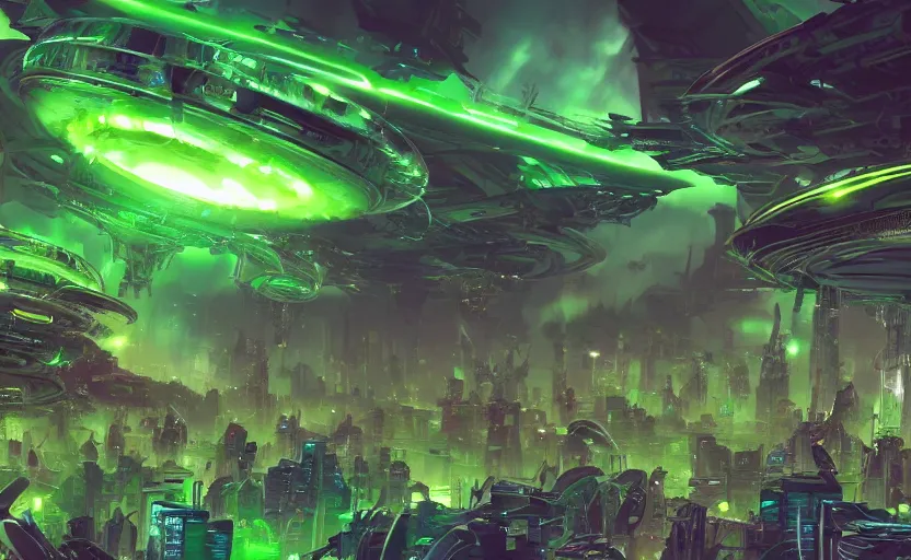 Prompt: an alien mothership crashlands into a sprawling metropolis, gigantic green explosions of energy, digital painting masterpiece, concept art, 4 k wallpaper, beautiful, advanced lighting technology, intense cinematic quality