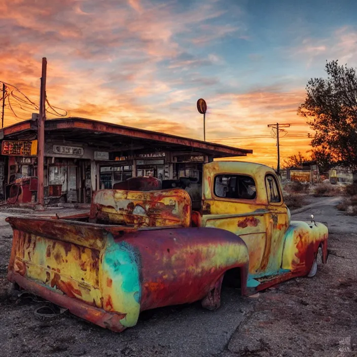 Image similar to a sunset light landscape with historical route 6 6, lots of sparkling details and sun ray ’ s, blinding backlight, smoke, volumetric lighting, colorful, octane, 3 5 mm, abandoned gas station, old rusty pickup - truck, beautiful epic colored reflections, very colorful heavenly, softlight