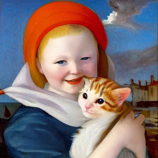 Prompt: oil painting of a young freckled redhead girl smiling and holding a scared kitten in a boat, in rough seas with large waves, dark clouds and lightning, depicted for a children\'s book, in the style of vermeer