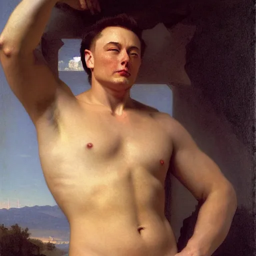 Image similar to Painting of muscular Elon Musk. Art by william adolphe bouguereau. During golden hour. Extremely detailed. Beautiful. 4K. Award winning.