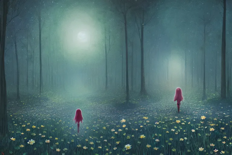 Image similar to giant bunch of daisy flowers head, girl walking in dark forest, surreal photography, dark night, stars, moon light, impressionist painting, clouds, digital painting, artstation, simon stalenhag