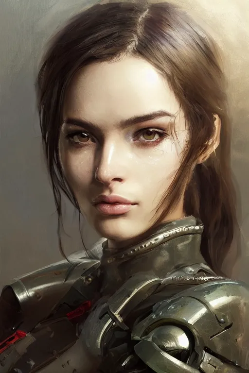 Image similar to a professionally painted portrait of an attractive young woman, clothed in military armor, olive skin, long dark hair, beautiful bone structure, symmetrical facial features, intricate, elegant, digital painting, trending on Artstation, concept art, smooth, sharp focus, illustration, from Metal Gear by Ruan Jia and Mandy Jurgens and Artgerm and William-Adolphe Bouguerea, award winning