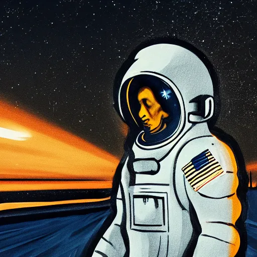 Image similar to a portrait of an astronaut, his head is a skull, it is night and the sky is covered in stars, dramatic and cinematic lights, in the style of edward hopper, 4 k,