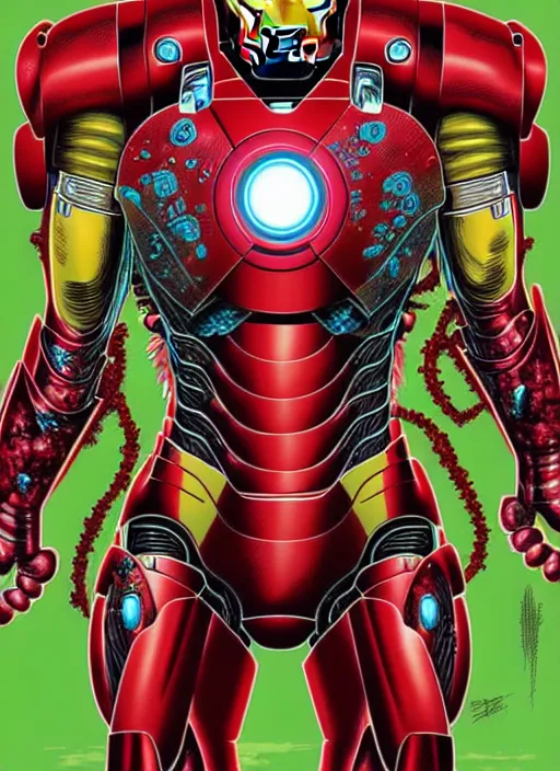 Image similar to iron man's disgusting true form bursting from within, gross, slimy, sleazy, pustules, high details, intricate details, by dan mumford