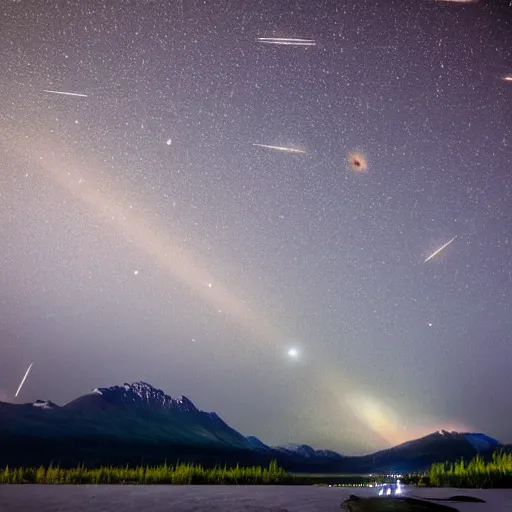Image similar to meteors raining over alaska, people looking up in wonder, realistic, photograph
