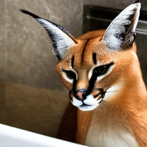 Image similar to caracal, big floppa, sitting in a bathtub, bathroom, Instagram photo, 4K