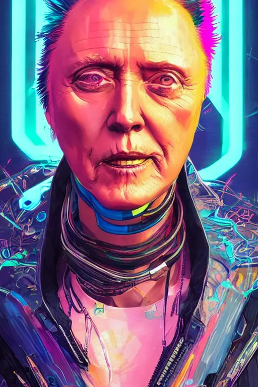 Image similar to a cyberpunk christopher walken with blue and pink hair, neon colors, hyper detailed, digital art, cinematic lighting, concept art by artgerm and greg rutkowski and moebius and jakub rebelka