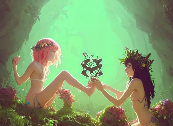 Image similar to two cute fairy girls kissing with crown of flowers in plants bikini covered with celtic rune tattoos, fantasy, by atey ghailan, by greg rutkowski, by greg tocchini, by james gilleard, by joe gb fenton, by in kaethe butcher, dynamic lighting, gradient light green, brown, blonde cream and white color in scheme, grunge aesthetic