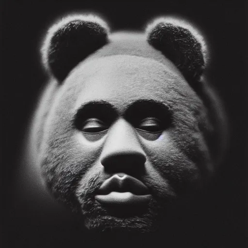 Prompt: a ( ( chiaroscuro lighting portrait ) ) of kanye west ( ( ( dressed as teddy bear mascot ) ) ), black background, portrait by julia margaret cameron, shallow depth of field, 8 0 mm, f 1. 8