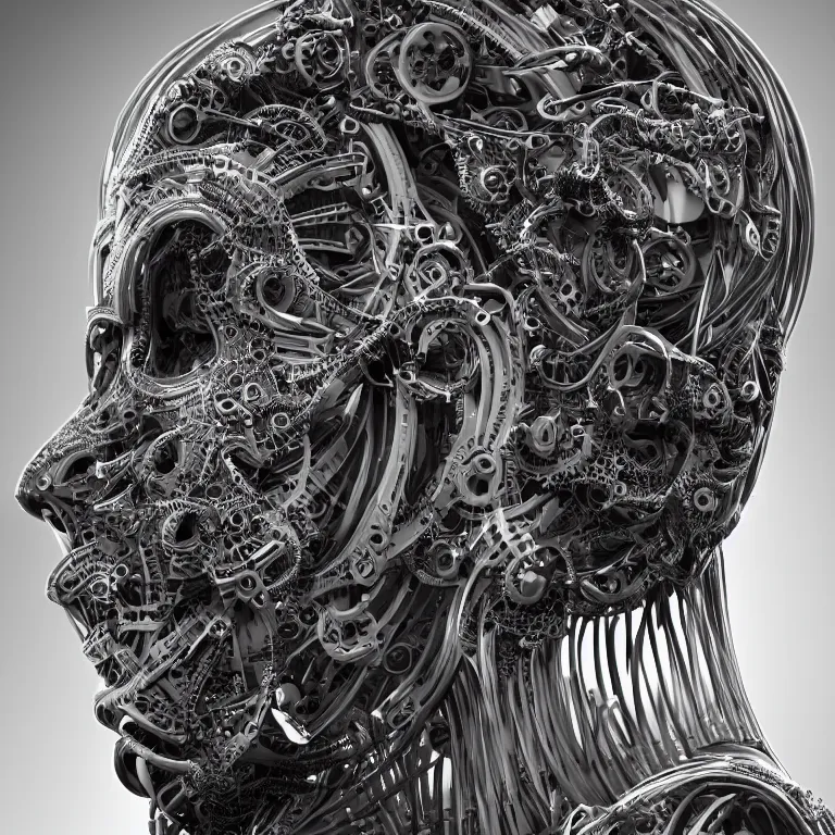 Prompt: surreal biomechanical spinal ribbed tribal exotic organic face portrait of mechanical cyborg, beautiful detailed intricate insanely detailed BW 3D render digital art by Giger, octane render, 8K artistic photography, photorealistic