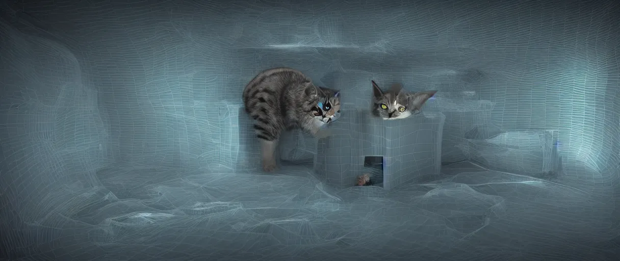 Image similar to 3 d render of schrodinger's cat in a box, quantum paradox, dead and alive, quantum superposition, waves and particles, wave function, scifi style, concept art, high detail, artsation 4 k