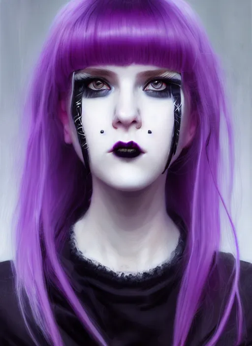 Image similar to portrait of white teenage girl, normal face, white bangs, mall goth, cyberlox, black and white hair, bangs, fluffy bangs, red contact lenses, purple lipstick, intricate, elegant, highly detailed, digital painting, artstation, concept art, sharp focus, smooth, illustration, art by wlop, mars ravelo and greg rutkowski