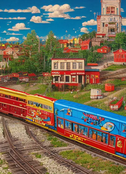 Image similar to wide - angle portrait of a retro tin toy train set, depth of field, zeiss lens, detailed, symmetrical, centered, fashion photoshoot, by nicoletta ceccoli, mark ryden, lostfish, earl nore, hyung tae, frank frazetta, breathtaking, 8 k resolution, extremely detailed, beautiful, establishing shot, artistic, hyperrealistic, octane render