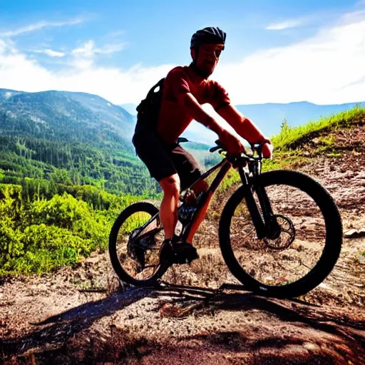 Prompt: a man in a mountain bike in the mountain