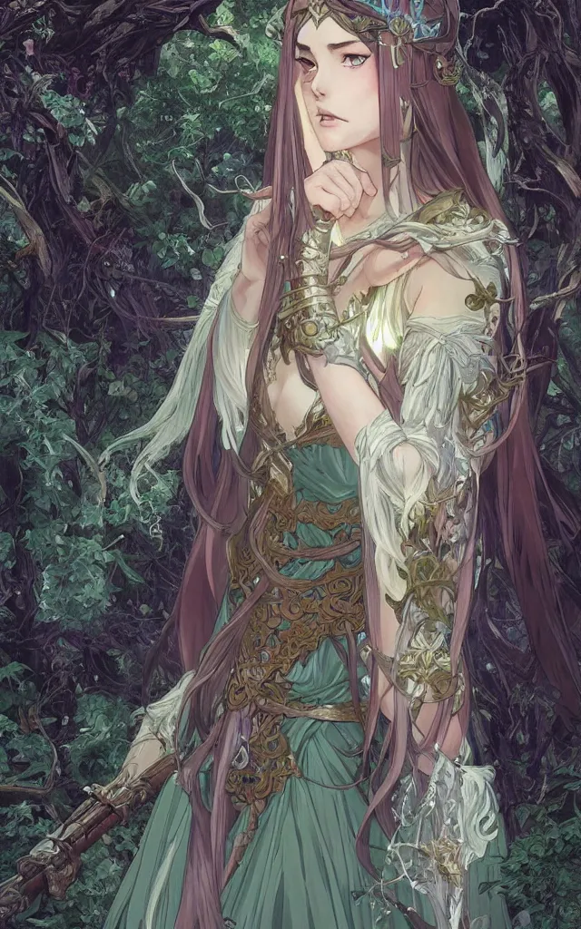 Image similar to anime key visual of amora the enchantress wearing a medieval gown!! intricate, magical forest, stunning, highly detailed, digital painting, artstation, smooth, hard focus, illustration, art by artgerm and greg rutkowski and alphonse mucha