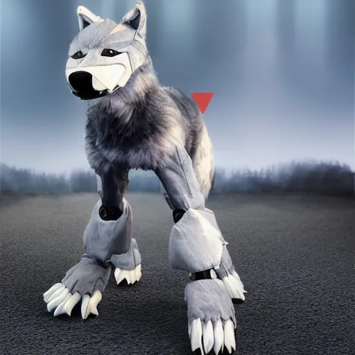 Prompt: Humanoid robot with a wolf tail wearing a hyperrealistic wolf fursuit, extremely detailed, natural lighting, volumetric lighting, synthwave