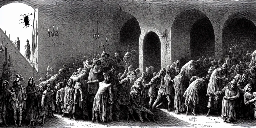 Prompt: peasant halloween party in tuscany, creepy atmosphere, illustration by Gustave Doré