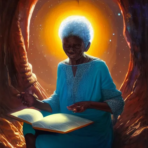 Prompt: an elder african psychic woman reading her crystal ball while holding a book of spells under a meteor shower, greg rutkowski and android jones and amanda sage, oil on canvas, 8k