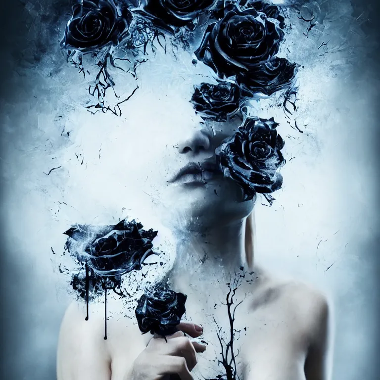 Prompt: 3 d, white and black smoke, sun rays, confident fashion model, sweat skin, liquid black metal, black roses, poster art, high detail, intricate oil painting, multiple exposure, deep blue mood, hyperrealism, 3 d, by tooth wu and wlop and beeple and greg rutkowski