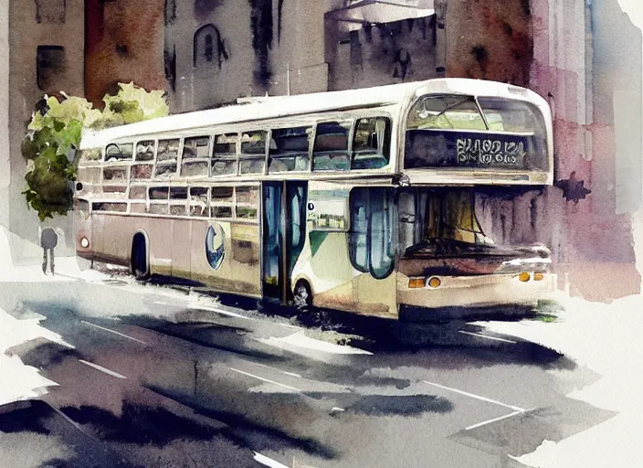 Prompt: concept art of a urban bus, pinterest, artstation trending, behance, watercolor, by coby whitmore, silver, laser light,