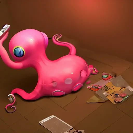 Image similar to a cute pink octopus playing videogames, digital art, trending on artstation, cgsociety, octane render, RPG portrait, dynamic lighting, hyperrealistic