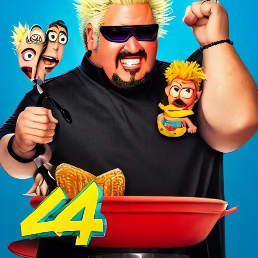 Image similar to a pixar movie starring Guy Fieri as a goofy villain, promotional poster, award-winning cinematography, 4k