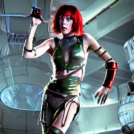 Prompt: milla jovovich as leeloo full body in the foreground of digital art background is 5 th element movie city