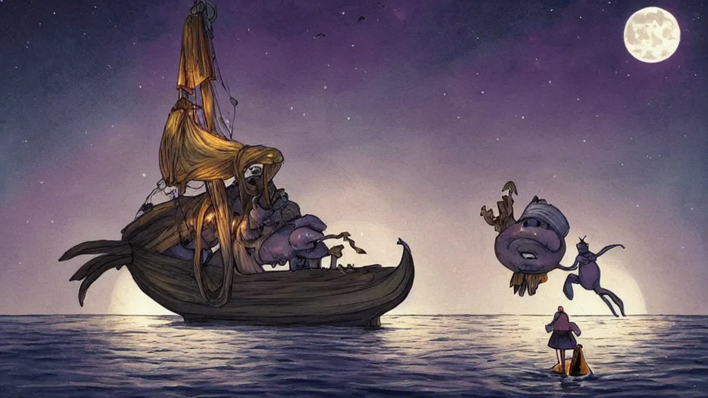 Image similar to a large!! surfacing!!! anglerfish!!!!! meets a lantern!! - holding!!!!! sailor!! on a ( sloop ), ( background with large full moon and purple sky ), in the styles of tom coletti, jorge jacinto, and thomas veyrat intricate, accurate details