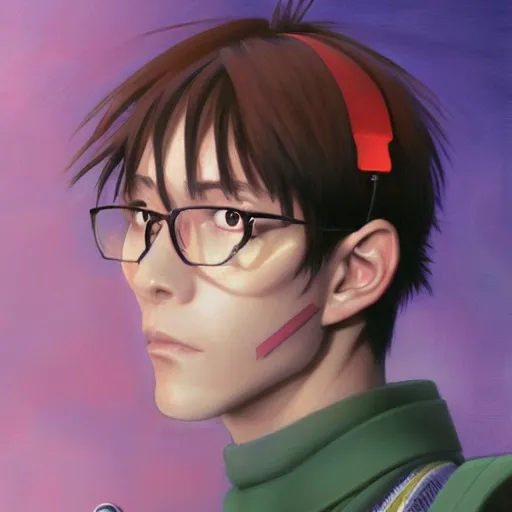 Image similar to Shinji from Neon Genesis Evangelion, Closeup portrait art by Donato Giancola and James Gurney, digital art, trending on artstation