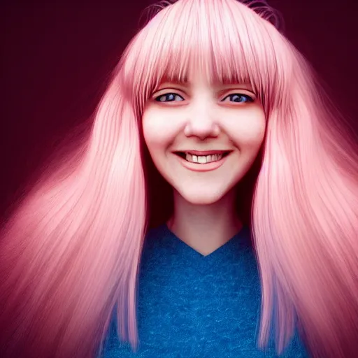 Image similar to beautiful hyperrealism selfie of nikki from shining nikki, a cute 3 d young woman smiling sofly, long light pink hair and full bangs, flushed face, small heart - shaped face, amber eyes, golden hour, 8 k, instagram