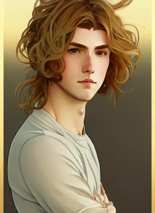 Image similar to pretty young man with shoulder length shiny shimmering golden blond hair, half body shot, path traced, highly detailed, high quality, digital painting, by studio ghibli and alphonse mucha, leesha hannigan, hidari, disney