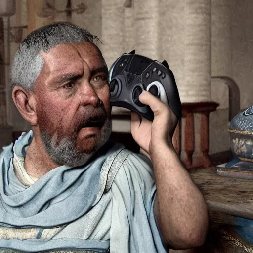 Prompt: 8 k, uhd, historical coloured pictures of ancient roman playing ps 5 consoles, highly details form, highly details content