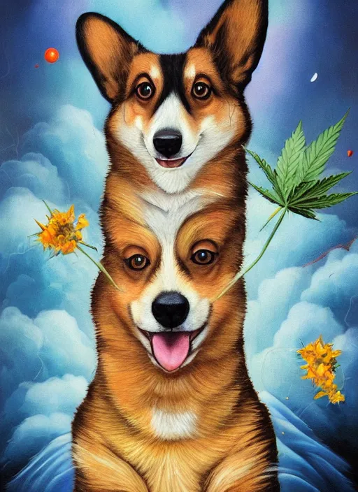 Prompt: beautiful portrait painting of corgi getting high on cannabis, by Afarin Sajedi, Alessandro Barbucci, Alex Gross, Shin Jeongho, Shohei Otomo. trending on Artstation, 8k, masterpiece, face enhance, graffiti paint, fine detail, full of color, intricate detail, golden ratio illustration