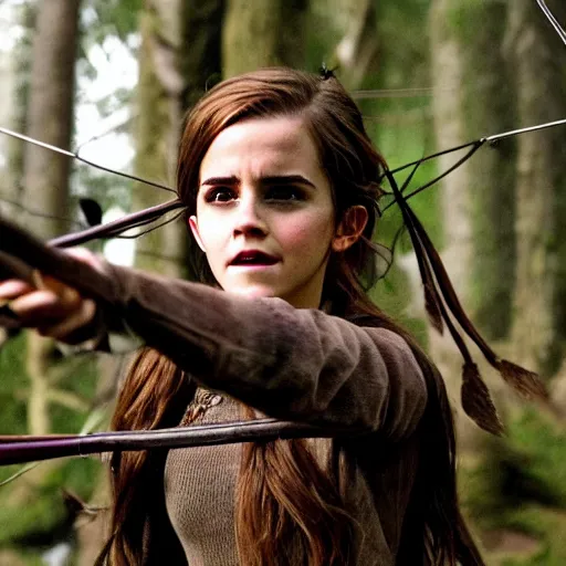 Image similar to emma watson as a wood elf, hunting with a bow