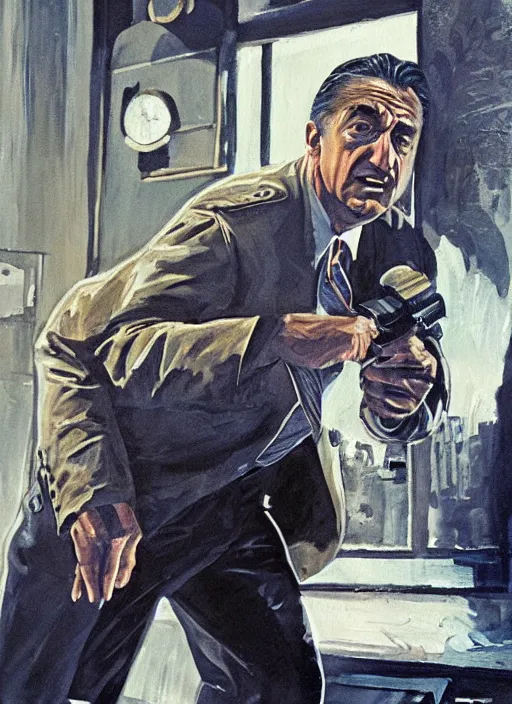 Prompt: painting of robert de niro in character as jack walsh in the movie midnight run, turning and flashing FBI badge, by Frank McCarthy