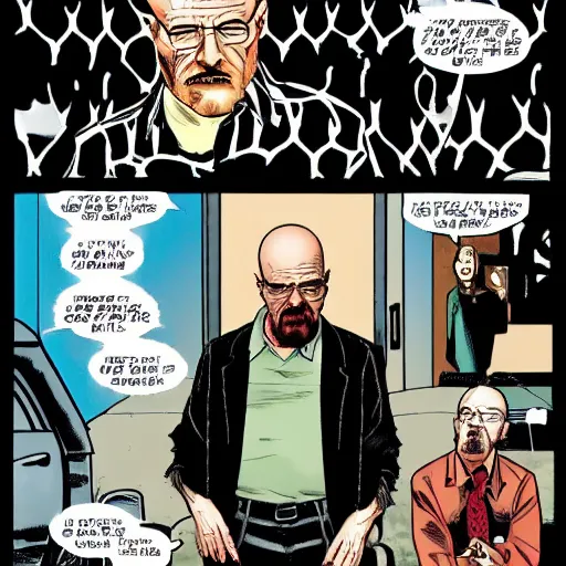 Prompt: Walter White in a Vertigo comic panel, detailed,