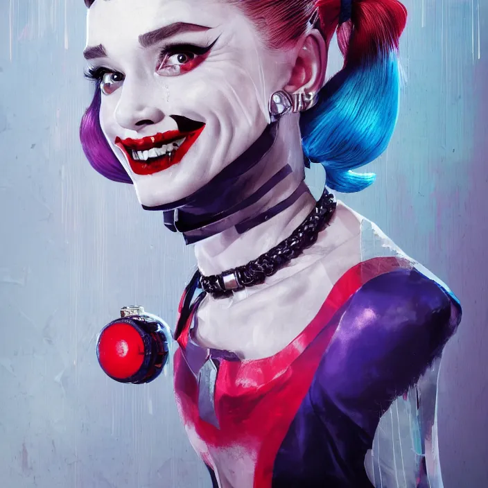 Prompt: portrait of Audrey Hepburn as a harley quinn in Suicide Squad. intricate abstract. intricate artwork. by Tooth Wu, wlop, beeple, dan mumford. octane render, trending on artstation, greg rutkowski very coherent symmetrical artwork. cinematic, hyper realism, high detail, octane render, 8k, iridescent accents