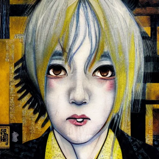 Image similar to yoshitaka amano blurred and dreamy realistic portrait of a woman with black eyes and white hair wearing dress suit with tie, junji ito abstract patterns in the background, satoshi kon anime, noisy film grain effect, highly detailed, renaissance oil painting, weird portrait angle, blurred lost edges, three quarter view