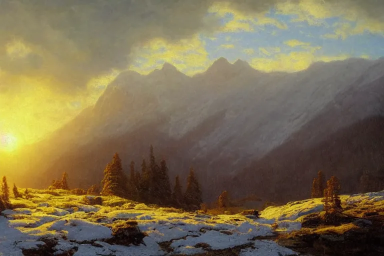 Image similar to mountains, clouds, trees, sunset, beautiful nature, winter, hyperdetailed, focused, cinematic lighting, oil painting, colorful, canvas, artstation, Albert Bierstadt, Hans Dahl, Theodor Kittelsen, Hermann Hendrich, Konstantin Yakovlevich Kryzhitsky