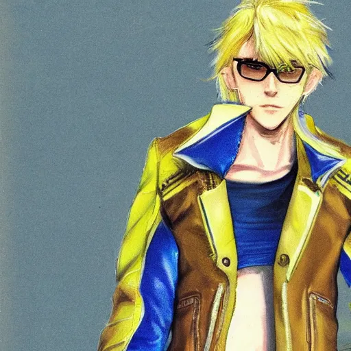 Prompt: elven male, shaggy blonde hair. Wearing modern yellow leather jacket and blue camouflage pants, black frame glasses. Modern, concept art, Akikazu Mizuno, phantasy star online, anime
