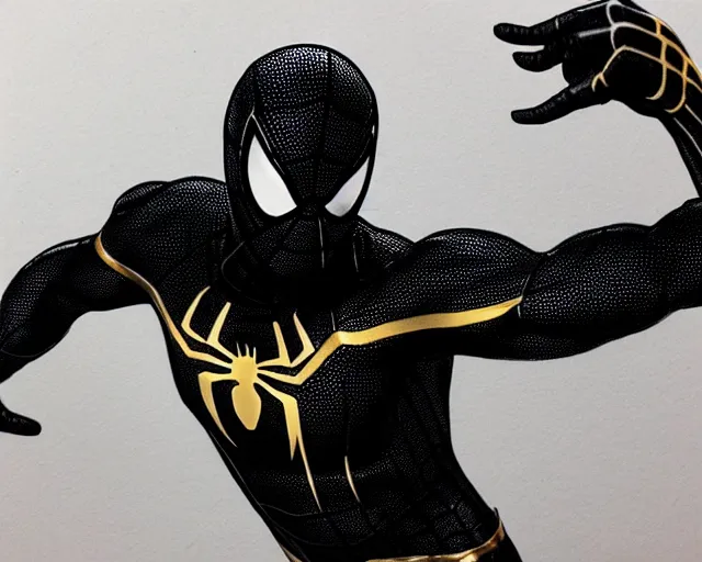 Image similar to photorealistic sketch of black spider - man with gold webbing