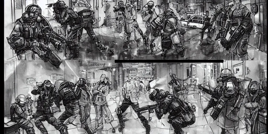 Prompt: 1992 Video Game Concept Art, Anime Neo-tokyo Cyborg bank robbers vs police, Set in Cyberpunk Bank Vault, bags of money, Multiplayer set-piece :9, Police officers hit by bullets, Police Calling for back up, Bullet Holes and Blood Splatter, :6 ,Hostages, Smoke Grenades, Large Caliber Sniper Fire, Chaos, Cyberpunk, Money, Anime Bullet VFX, Machine Gun Fire, Violent Gun Action, Shootout, Escape From Tarkov, Payday 2, Highly Detailed, 8k :7 by Katsuhiro Otomo + Studio Gainax + Sanaril : 8