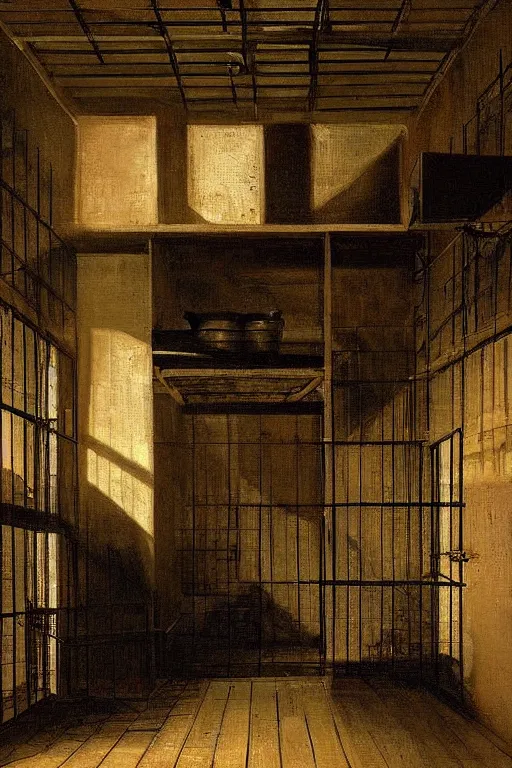 Image similar to a beautiful painting digital of a dark alley room at night with wooden crates metal grids by Pieter Claesz,