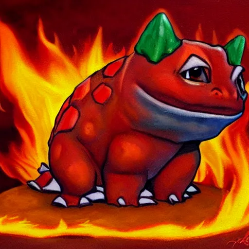 Prompt: a red coloured bulbasaur with fire powers, painting, realistic