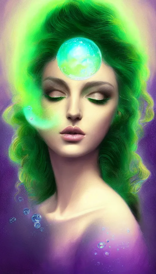 Prompt: portrait of magical green dj , dark fantasy, gradient green black, dreamy and ethereal, (colour) eyes, one head, golden ratio, peaceful expression, ornate frilly dress, fantasy, intricate, elegant, rainbow bubbles, highly detailed, digital painting, artstation, concept art, smooth,b sharp focus, illustration, art by artgerm and greg rutkowski and alphonse mucha